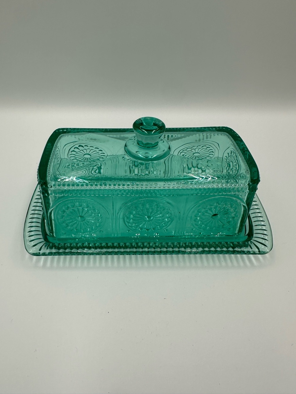 The Pioneer Woman Adeline Teal Embossed Glass Covered Butter Keeper Dish